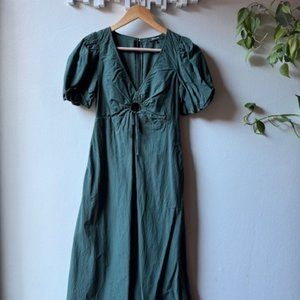 Madewell Poplin Cutout Puff-Sleeve Midi Dress in Dark Palm (Size: 0)